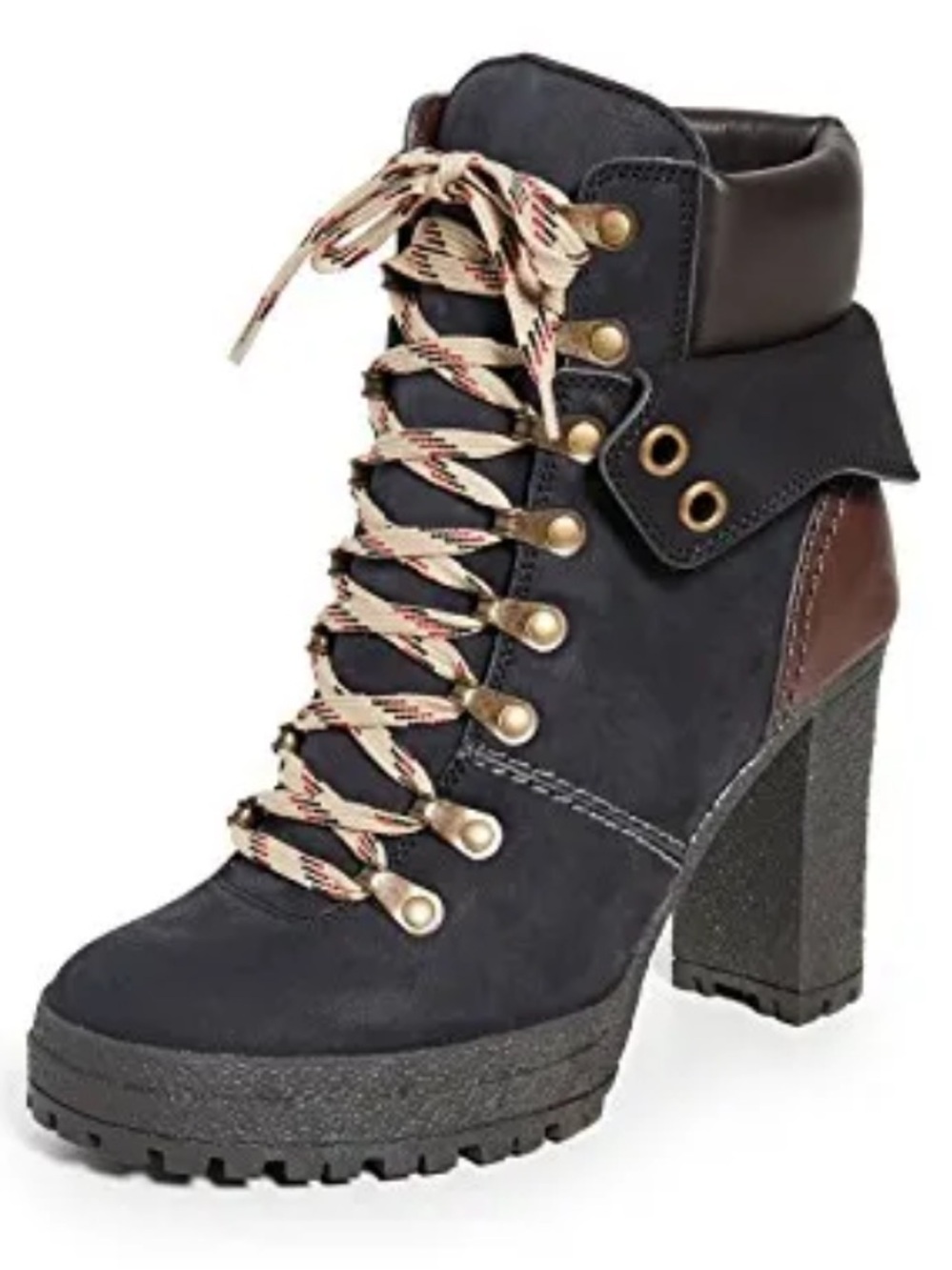 See By Chloe Eileen Black and Brown Lace-Up Chunky Heel Ankle Boot